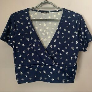 Pineapple Navy Floral Ribbed V Neck Wrap Crop Top XL Cottagecore